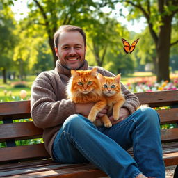 A heartwarming scene featuring a man sitting on a park bench with a fluffy orange tabby cat resting on his lap