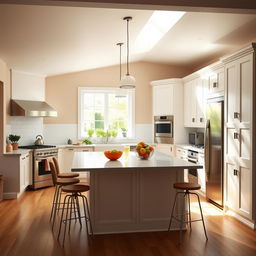 A cozy, modern kitchen featuring a large island in the center with bar stools, stainless steel appliances, and white cabinetry