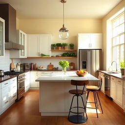 A cozy, modern kitchen featuring a large island in the center with bar stools, stainless steel appliances, and white cabinetry