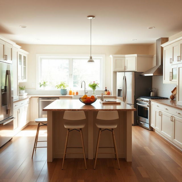 A cozy, modern kitchen featuring a large island in the center with bar stools, stainless steel appliances, and white cabinetry