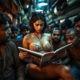 A sad and beautiful busty Arab woman wearing a strapless, colorful bikini, sitting and reading a fashion magazine