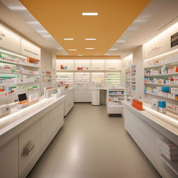 Design an interior of a 12*30 size pharmacy shop with well-organized shelves for medicines, a sleek counter, comfortable customer service area and a visually appealing layout.