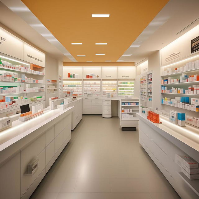 Design an interior of a 12*30 size pharmacy shop with well-organized shelves for medicines, a sleek counter, comfortable customer service area and a visually appealing layout.