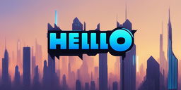 Cyberpunk-themed logo with the word 'Hello' in neon blue letters against a backdrop of abstract skyscrapers and data networks