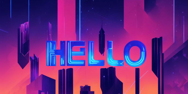 Cyberpunk-themed logo with the word 'Hello' in neon blue letters against a backdrop of abstract skyscrapers and data networks