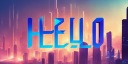 Cyberpunk-themed logo with the word 'Hello' in neon blue letters against a backdrop of abstract skyscrapers and data networks