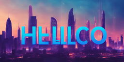 Cyberpunk-themed logo with the word 'Hello' in neon blue letters against a backdrop of abstract skyscrapers and data networks