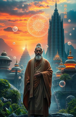 A stunning visual representation of Dharma, embodying the concept of ultimate Karma, set in a unique blend of ancient and futuristic worlds