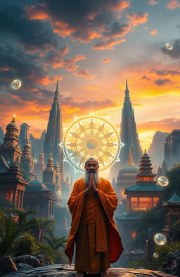 A stunning visual representation of Dharma, embodying the concept of ultimate Karma, set in a unique blend of ancient and futuristic worlds