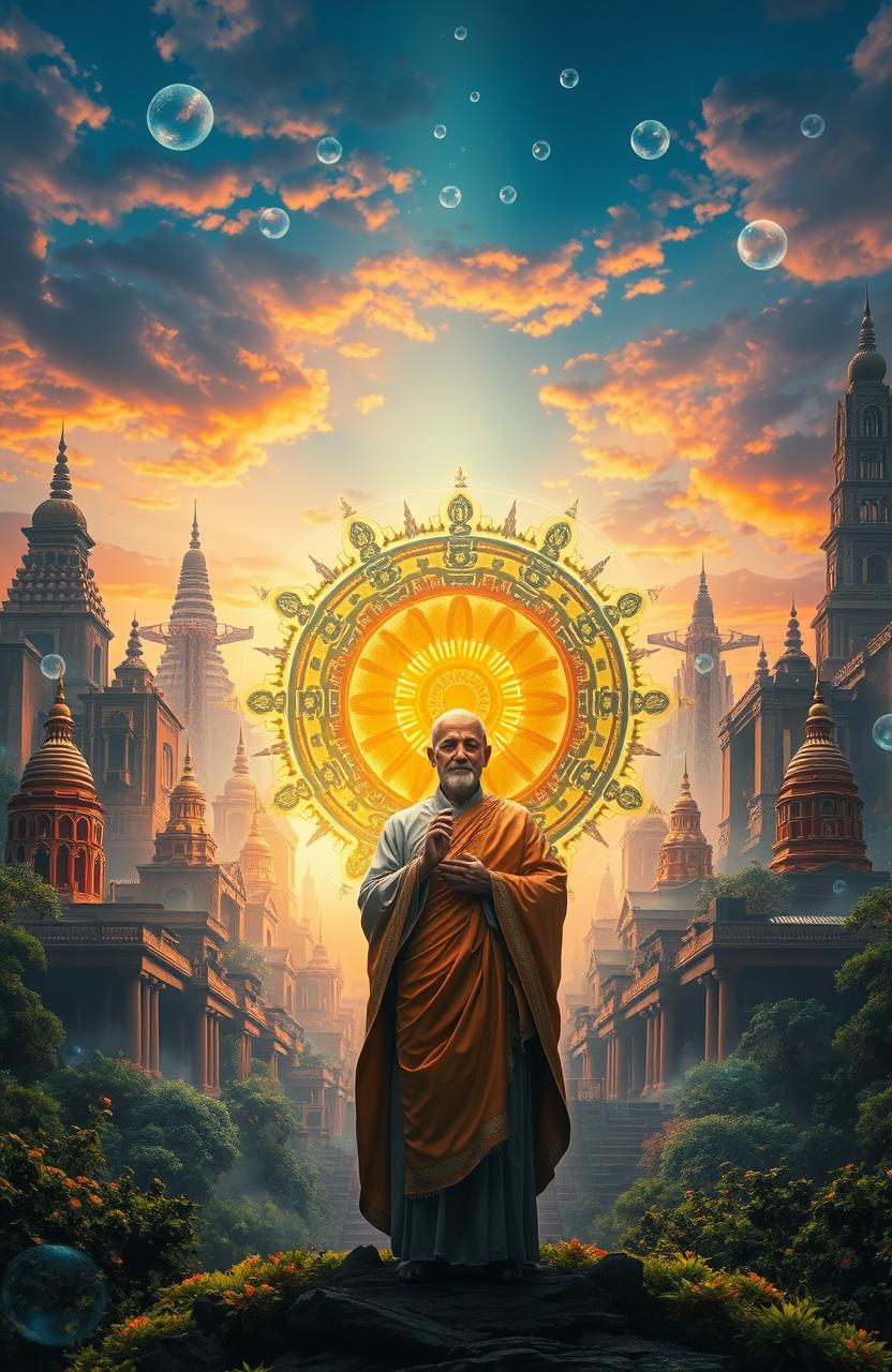 A stunning visual representation of Dharma, embodying the concept of ultimate Karma, set in a unique blend of ancient and futuristic worlds