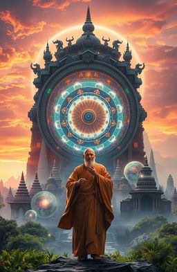 A stunning visual representation of Dharma, embodying the concept of ultimate Karma, set in a unique blend of ancient and futuristic worlds