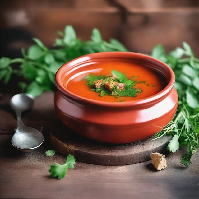 A whimsical image of a brick-red soup being served in a rustic bowl, garnished with fresh herbs, set against a vintage brick wall backdrop