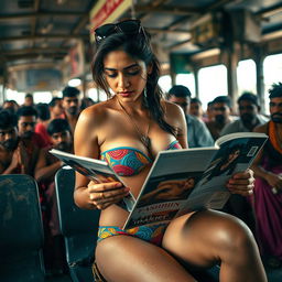 A sad and beautiful busty Arab woman in distress, wearing a strapless colorful bikini, sitting and reading a fashion magazine