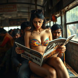 A sad and beautiful busty Arab woman in distress, wearing a strapless colorful bikini, sitting on the lap of a dirty-looking Indian male while reading a fashion magazine