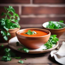 A whimsical image of a brick-red soup being served in a rustic bowl, garnished with fresh herbs, set against a vintage brick wall backdrop