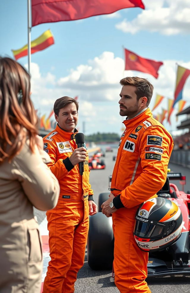 A scene depicting a journalist engaging in an interview with a Formula One driver, who is wearing a vibrant orange racing suit