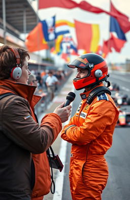 A scene depicting a journalist engaging in an interview with a Formula One driver, who is wearing a vibrant orange racing suit