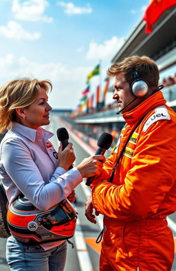 A scene depicting a journalist engaging in an interview with a Formula One driver, who is wearing a vibrant orange racing suit