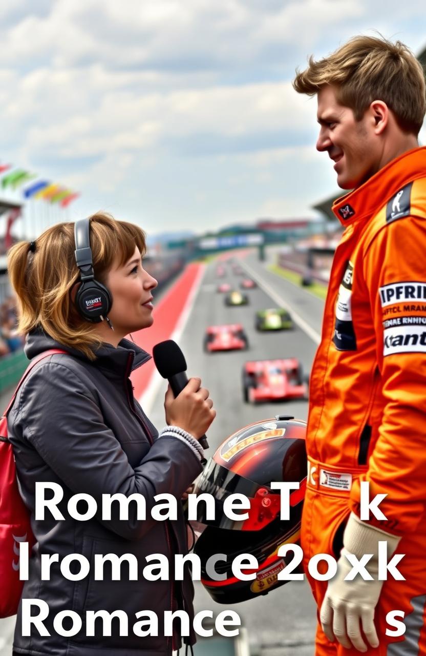 A scene depicting a journalist engaging in an interview with a Formula One driver, who is wearing a vibrant orange racing suit