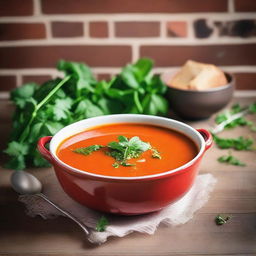 A whimsical image of a brick-red soup being served in a rustic bowl, garnished with fresh herbs, set against a vintage brick wall backdrop