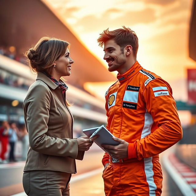 A romantic scene featuring a journalist speaking to a charismatic Formula One driver dressed in a striking orange racing suit