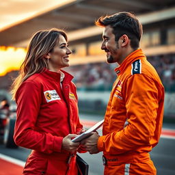 A romantic scene featuring a journalist speaking to a charismatic Formula One driver dressed in a striking orange racing suit