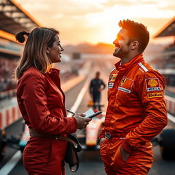 A romantic scene featuring a journalist speaking to a charismatic Formula One driver dressed in a striking orange racing suit