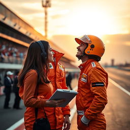 A romantic scene featuring a journalist speaking to a charismatic Formula One driver dressed in a striking orange racing suit