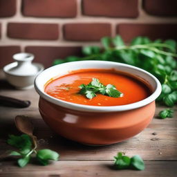 A whimsical image of a brick-red soup being served in a rustic bowl, garnished with fresh herbs, set against a vintage brick wall backdrop