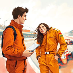 An artistic, romantic depiction of a journalist conversing with a Formula One driver dressed in a bold orange racing suit