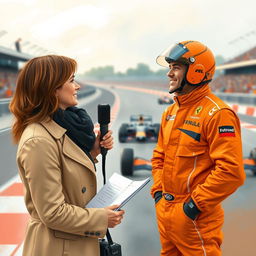 An artistic, romantic depiction of a journalist conversing with a Formula One driver dressed in a bold orange racing suit