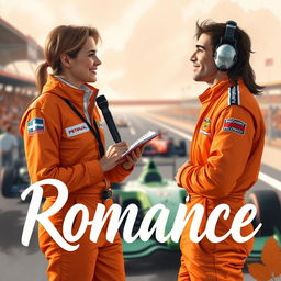 An artistic, romantic depiction of a journalist conversing with a Formula One driver dressed in a bold orange racing suit