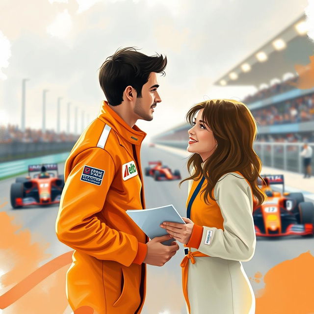 An artistic, romantic depiction of a journalist conversing with a Formula One driver dressed in a bold orange racing suit