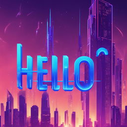 A cyberpunk-themed logo with the word 'Hello' in neon blue letters against an abstract backdrop of skyscrapers and data networks