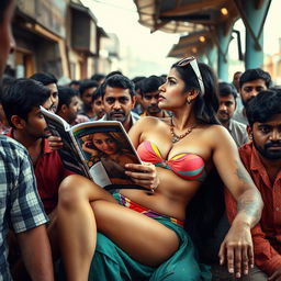 A sad and beautiful classy busty Arab woman in distress, wearing a strapless colorful bikini, sitting on the lap of a dirty-looking Indian male while being kissed