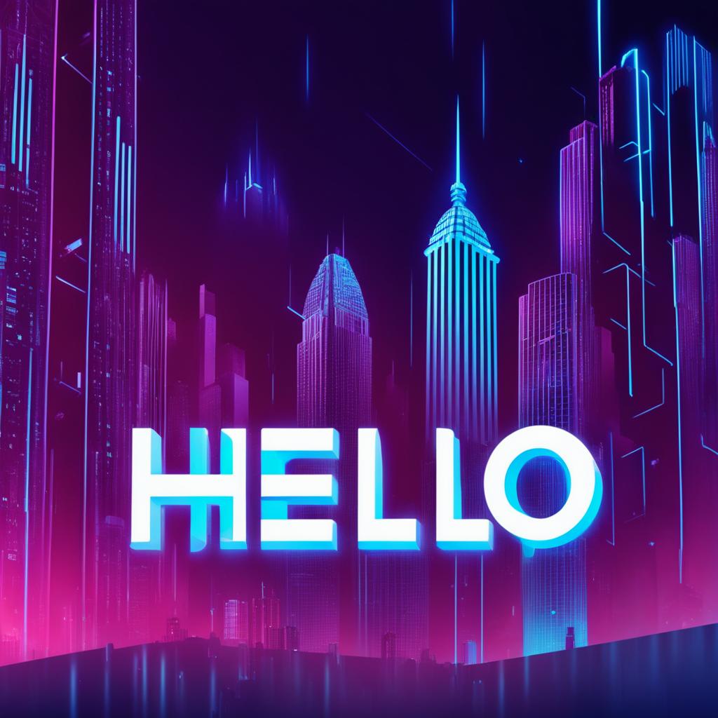 A cyberpunk-themed logo with the word 'Hello' in neon blue letters against an abstract backdrop of skyscrapers and data networks