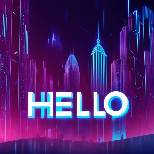 A cyberpunk-themed logo with the word 'Hello' in neon blue letters against an abstract backdrop of skyscrapers and data networks