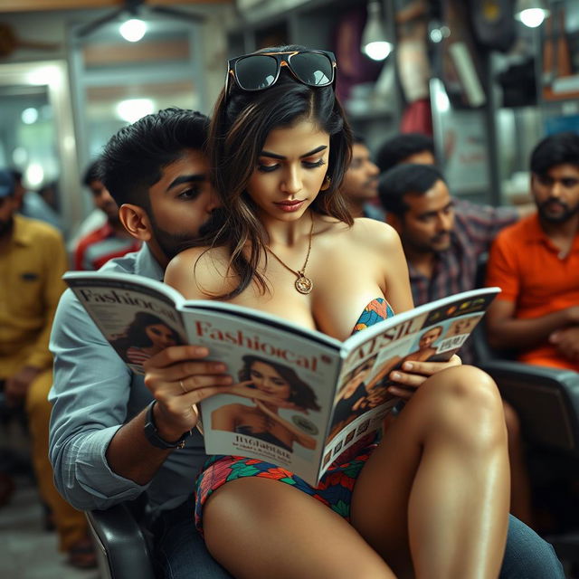 A sad and beautiful classy busty Arab woman wearing a strapless colorful bikini, sitting on the lap of an Indian male while being kissed and reading a fashion magazine