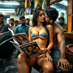 A sad and beautiful classy busty Arab woman wearing a strapless colorful bikini, sitting on the lap of an Indian male while being kissed and reading a fashion magazine