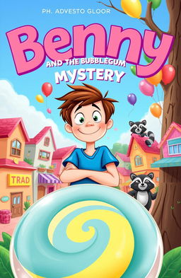 An adventurous children's book cover for "Benny and the Bubblegum Mystery" featuring a cheerful young boy named Benny with tousled brown hair wearing a bright blue t-shirt