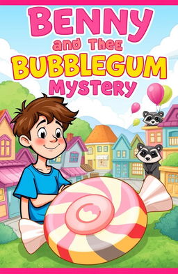 An adventurous children's book cover for "Benny and the Bubblegum Mystery" featuring a cheerful young boy named Benny with tousled brown hair wearing a bright blue t-shirt