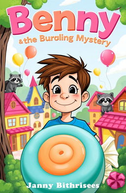 An adventurous children's book cover for "Benny and the Bubblegum Mystery" featuring a cheerful young boy named Benny with tousled brown hair wearing a bright blue t-shirt