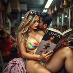 A sad and beautiful classy busty American blonde woman wearing a strapless colorful bikini, sitting on the lap of an Indian male while being kissed and reading a fashion magazine