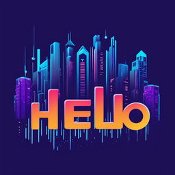 A cyberpunk-themed logo with the word 'Hello' in neon blue letters against an abstract backdrop of skyscrapers and data networks