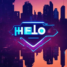 A cyberpunk-themed logo with the word 'Hello' in neon blue letters against an abstract backdrop of skyscrapers and data networks