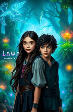 An enchanting fantasy scene showcasing a 17-year-old girl with long, flowing dark hair and warm brown eyes, named Layla Eldari, dressed in a mystical school uniform, standing at the edge of a vibrant, magical forest representing the world of Eldarion