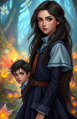 An enchanting fantasy scene showcasing a 17-year-old girl with long, flowing dark hair and warm brown eyes, named Layla Eldari, dressed in a mystical school uniform, standing at the edge of a vibrant, magical forest representing the world of Eldarion