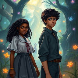 An enchanting fantasy scene showcasing a 17-year-old girl named Layla Eldari with dark, curly hair and smooth black skin, dressed in a mystical school uniform, standing at the edge of a vibrant, magical forest representing the world of Eldarion