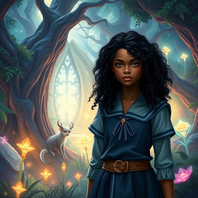 An enchanting fantasy scene showcasing a 17-year-old girl named Layla Eldari with dark, curly hair and smooth black skin, dressed in a mystical school uniform, standing at the edge of a vibrant, magical forest representing the world of Eldarion