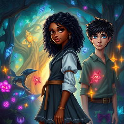 An enchanting fantasy scene showcasing a 17-year-old girl named Layla Eldari with dark, curly hair and smooth black skin, dressed in a mystical school uniform, standing at the edge of a vibrant, magical forest representing the world of Eldarion